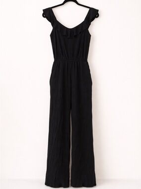 LOFT Black Ruffle-Shoulder Wide-Leg Jumpsuit